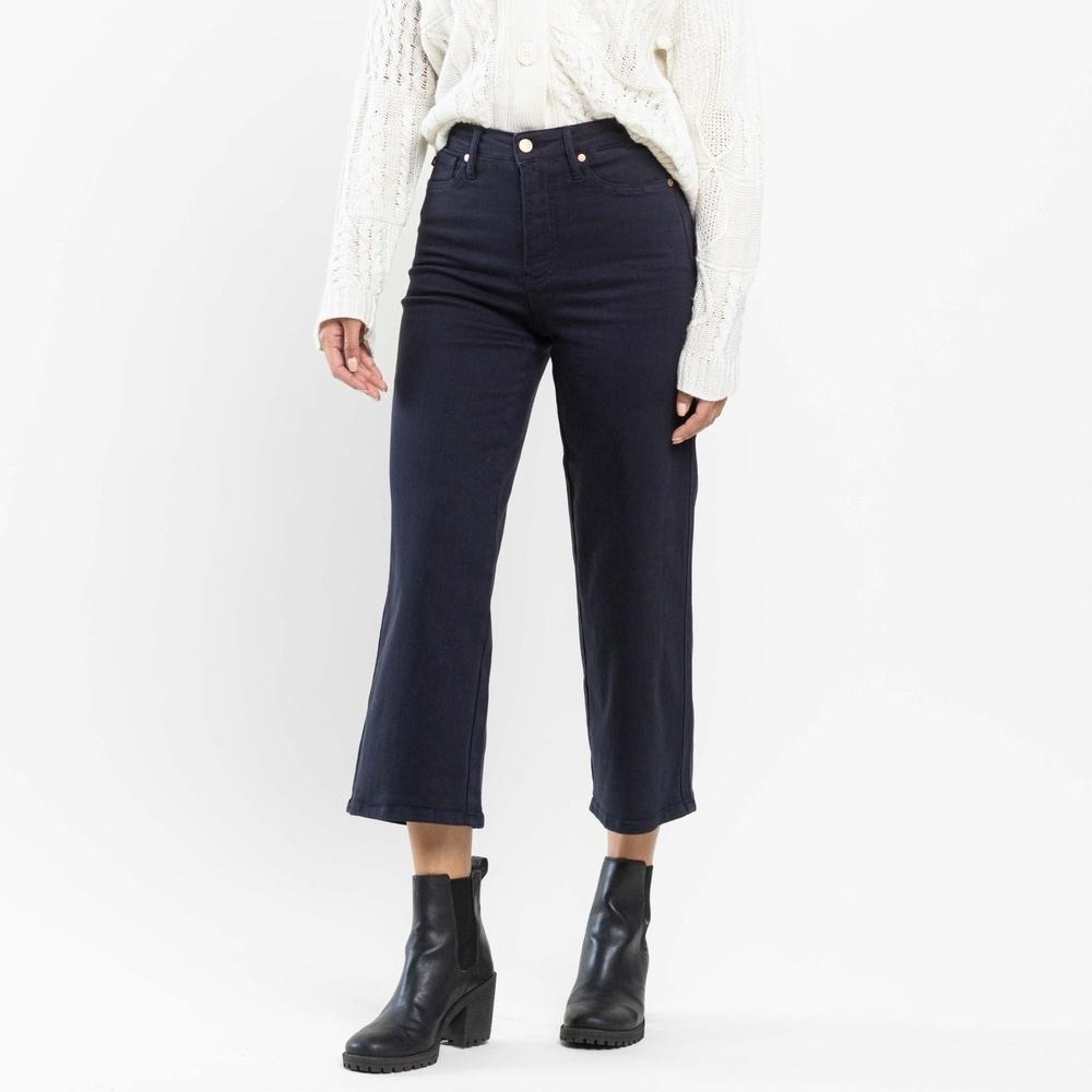 Judy Blue Tummy Control Wide Leg Crop Jean Garment Dyed Navy Blue NWT - Picture 3 of 11